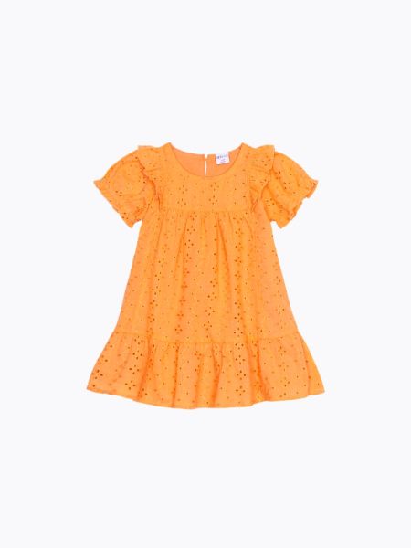 Φόρεμα βρεφικό βαμβακερό με κοφτό κέντημα και βολάν πορτοκαλί