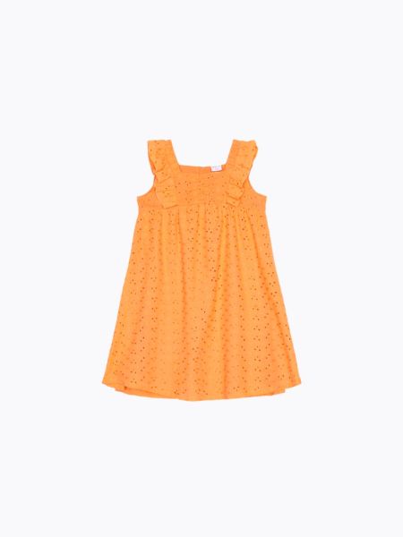 Φόρεμα βαμβακερό με κοφτό κέντημα και βολάν πορτοκαλί