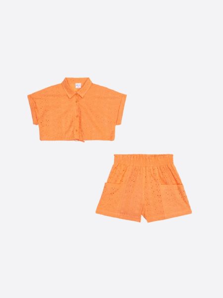 Σετ βαμβακερό με κοφτό κέντημα πουκάμισο με δέσιμο και σορτς με τσέπες πορτοκαλί