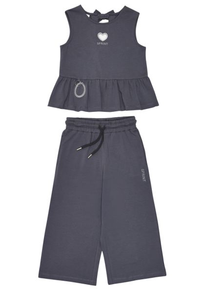 Σετ μπλούζα με φιόγκους στην πλάτη, παντελόνα και βραχιόλι ανθρακί