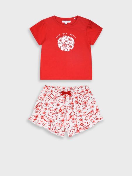 Σετ κοντομάνικη μπλούζα με φλοράλ σορτς και print 'love our world'  κόκκινο