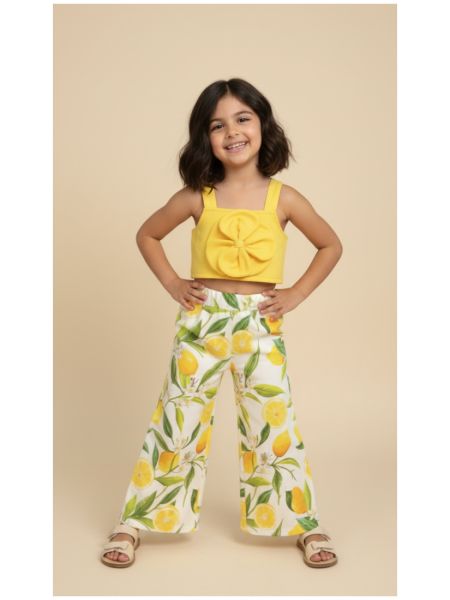 Σετ κροπ τοπ με λουλούδι και παντελόνα με print lemons κορίτσι μεγάλο κίτρινο