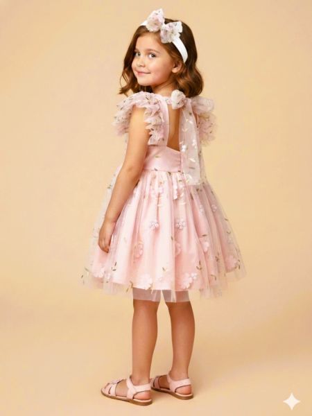 Φόρεμα με τούλι, 3D λουλούδια και δέσιμο στην πλάτη κρεμ