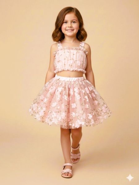 Σετ τοπ και φούστα με τούλι και 3D λουλούδια κρεμ