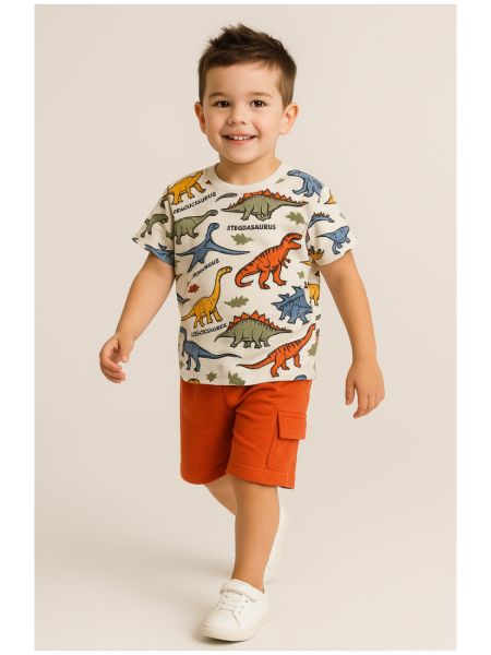 Σετ βαμβακερό μπλούζα με δεινόσαυρους και βερμούδα με τσέπη εκάι