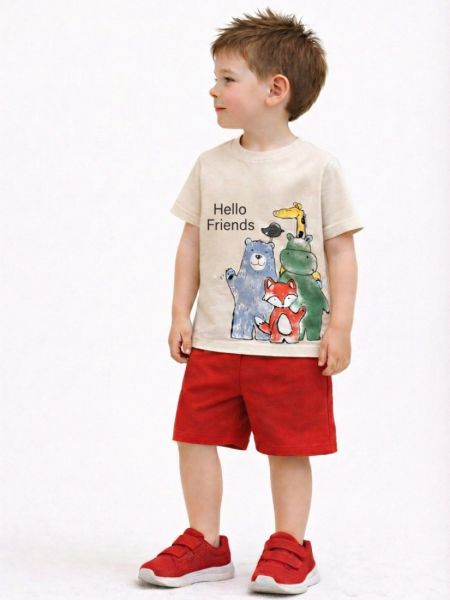 Σετ βαμβακερό μπλούζα με ζωάκια και βερμούδα εκάι