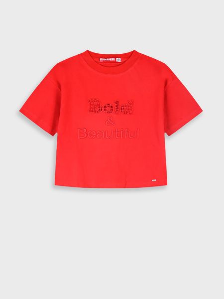 Μπλούζα μονόχρωμη με διάτρητα γράμματα κόκκινο