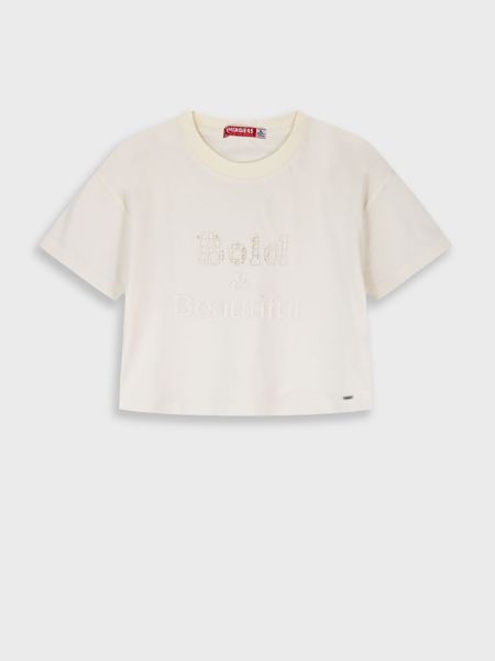 Μπλούζα μονόχρωμη με διάτρητα γράμματα εκρού