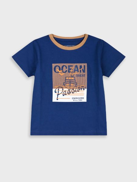 Μπλούζα κοντομάνικη με ριπ print και κέντημα μπλε