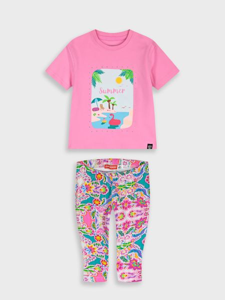 Σετ μπλούζα με print summer και φλοράλ κάπρι κολάν φούξια