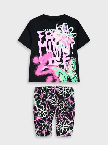 Σετ μπλούζα με ποδηλατικό κολάν και print graffiti μαύρο