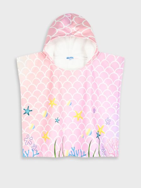 Πόντσο θαλάσσης με κουκούλα και print γοργόνα ροζ