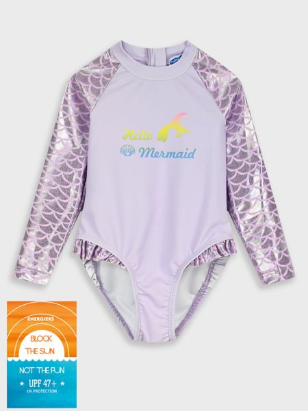 Ολόσωμο μαγιό με αστραφτερά μανίκια με print γοργόνα λιλά