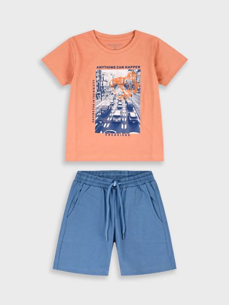 Σετ μπλούζα με print big city και βερμούδα με τσέπες μπλε ραφ