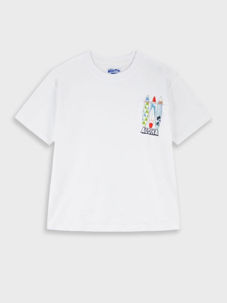 Μπλούζα κοντομάνικη με τσέπη και print σανίδες λευκό