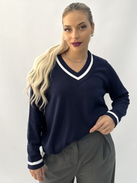 Μπλούζα πλεχτή με ρίγα στο V και στα μανίκια μπλε