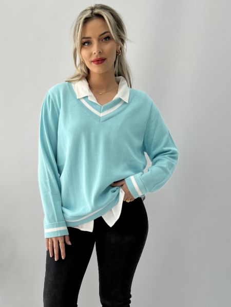 Μπλούζα πλεχτή με ρίγα στο V και στα μανίκια σιέλ