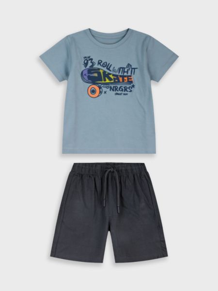Σετ βαμβακερό μπλούζα με print roll with me και βερμούδα  μπλε ραφ