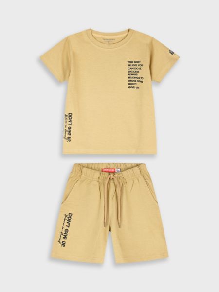 Σετ βαμβακερό μπλούζα με print don't give up και βερμούδα  μπεζ
