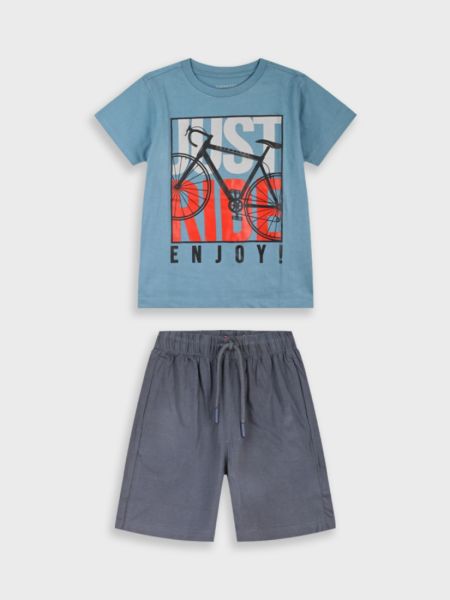 Σετ βαμβακερό με print Just ride μπλε ραφ