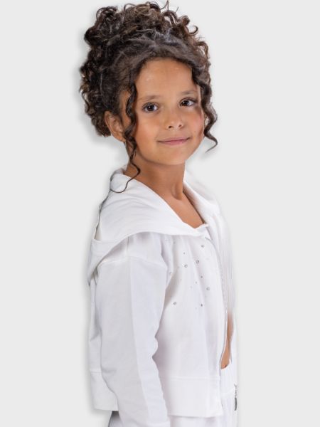 Ζακέτα κροπ βαμβακερή με στρας και κουκούλα λευκό