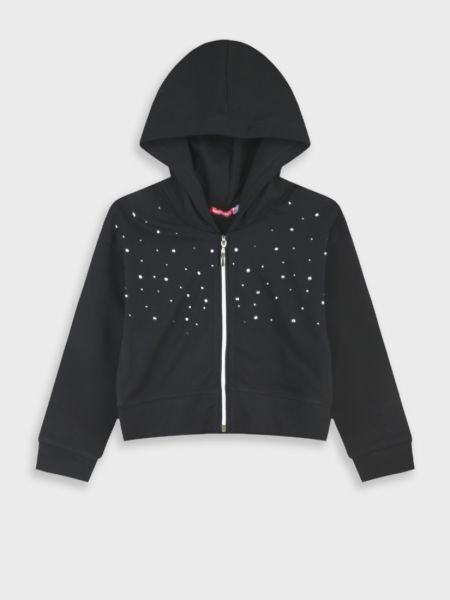 Ζακέτα κροπ βαμβακερή με στρας και κουκούλα μαύρο