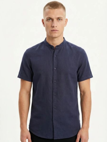 Πουκάμισο κοντομάνικο μονόχρωμο με μάο γιακά μπλε