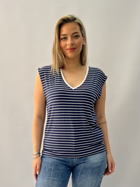 Μπλούζα αμάνικη ριγέ με V μπλε