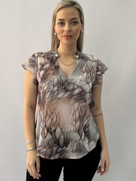 Μπλούζα εμπριμε με V και αλυσίδα στο λαιμό και βολάν στο μανίκι γκρι