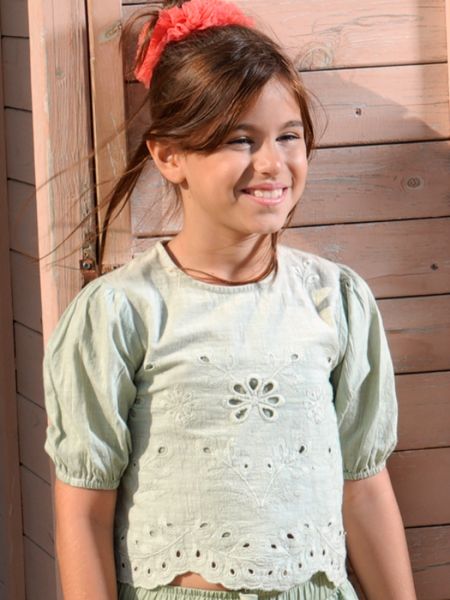 Πουκαμίσα κοντομάνικη με κοφτό κέντημα μέντα