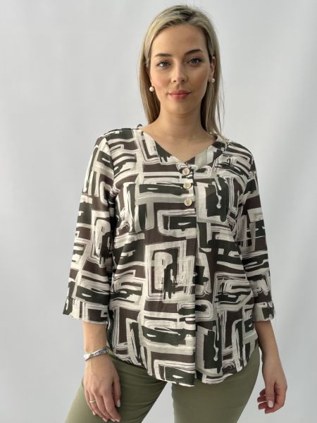 Μπλούζα εμπριμέ με V και 3/4 μανίκι χακί