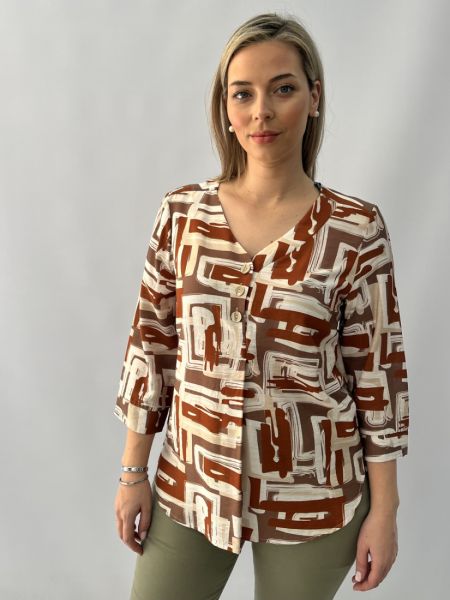 Μπλούζα εμπριμέ με V και 3/4 μανίκι εκάι