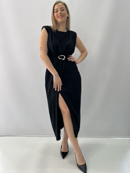 Φόρεμα μακρύ με σούρα στη μέση και σκίσιμο μπροστά μαύρο