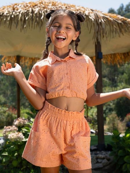 Σετ βαμβακερό με κοφτό κέντημα πουκάμισο με δέσιμο και σορτς με τσέπες πορτοκαλί