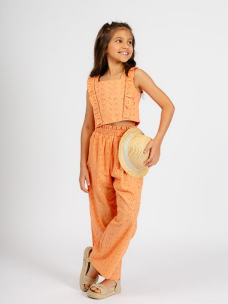 Σετ βαμβακερό με κοφτό κέντημα παντελόνα και τοπ με βολάν πορτοκαλί