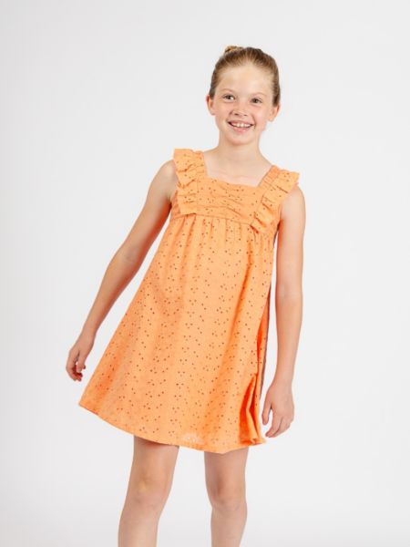 Φόρεμα βαμβακερό με κοφτό κέντημα και βολάν πορτοκαλί