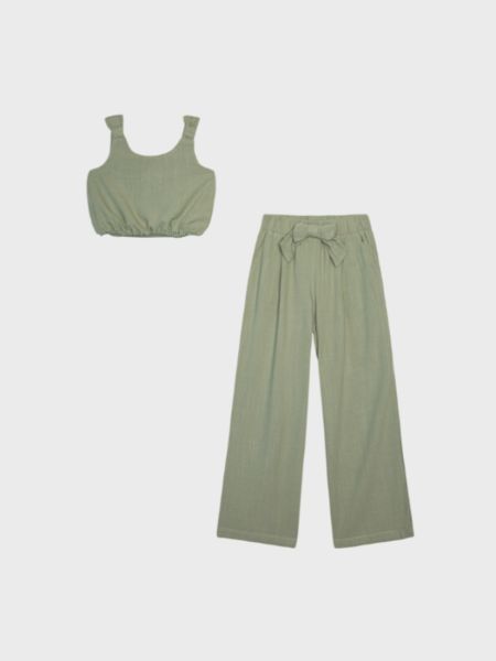 Σετ λινό κροπ τοπ και παντελόνα με ζώνη χακί