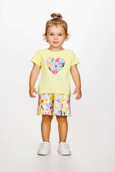 Σετ μπλούζα καρδιά και πολύχρωμο σορτς κίτρινο