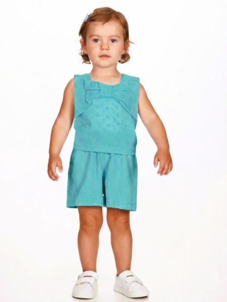Σετ με κέντημα τοπ με φιόγκο και σορτς  τυρκουάζ