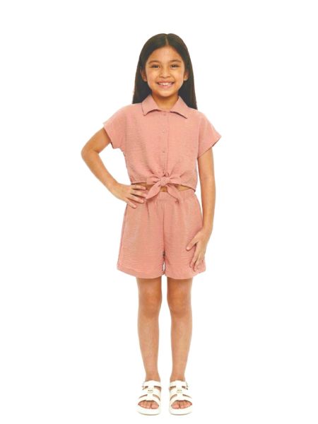 Σετ κρεπ πουκάμισο με δέσιμο και σορτς σομόν