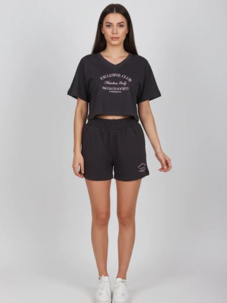 Σετ φαρδύ κροπ τοπ και βερμούδα exclusive club ανθρακί