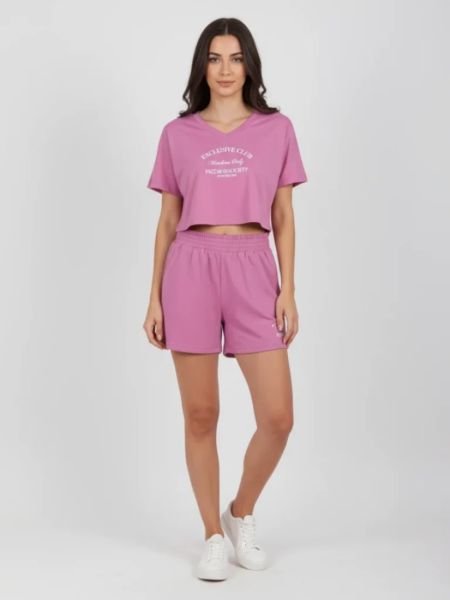 Σετ φαρδύ κροπ τοπ και βερμούδα exclusive club ροζ