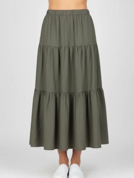 Φούστα μακριά μονόχρωμη με λάστιχο χακί