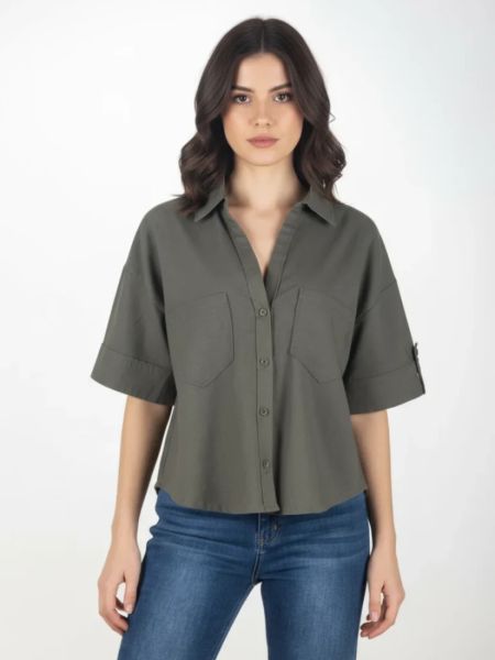 Πουκάμισο μονόχρωμο με γυρίσματα χακί