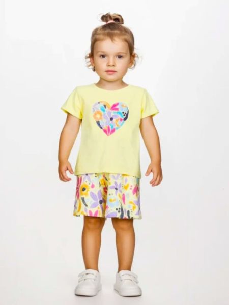 Σετ μπλούζα καρδιά και πολύχρωμο σορτς κίτρινο