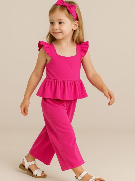 Σετ μονόχρωμο τοπ με δέσιμο με παντελόνα ζιπ κιλότ φούξια