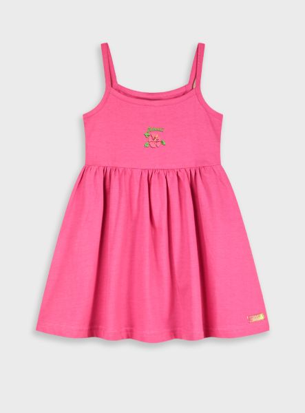 Φόρεμα μονόχρωμο τιράντα και print Hawaii ροζ