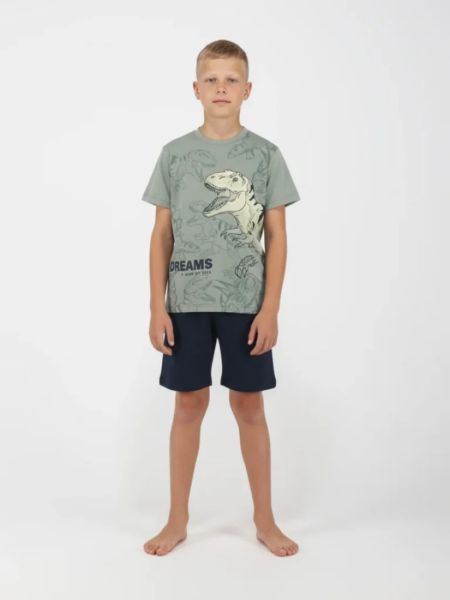 Σετ πυτζάμα βαμβακερή με print dinosaurs εφηβική χακί