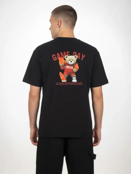 Μπλούζα oversized κοντομάνικη μονόχρωμη με print Teddy on fire μαύρο