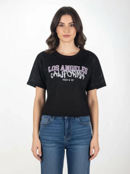 Μπλούζα διάτρητη με graffiti print Los Angeles California μαύρο